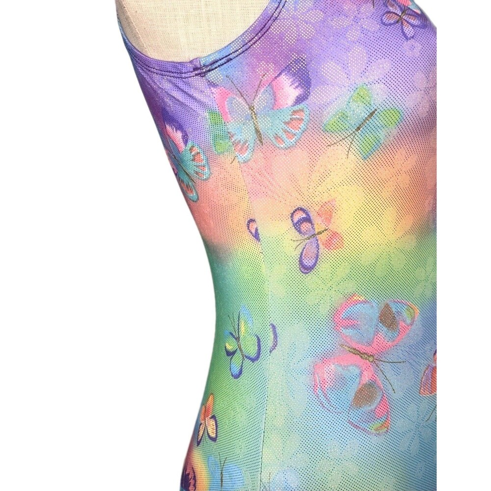 Satara VTG Neon Tie Dye Butterfly Sparkle Accent Tank Crossback Leotard Size AL - Picture 10 of 16